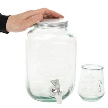 Artikel Glasbehållare med tappkran och 4 glas, återvunnet glas, H25,5 cm