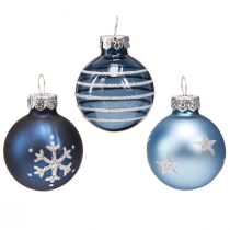 Artikel Glas julgranskulor blå silver dekor mini Ø3cm 9 st