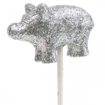 Lyckogris nyårsafton lyckobringare på pinne silver 3cm 6st