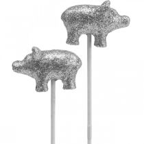 Lyckogris nyårsafton lyckobringare på pinne silver 3cm 6st