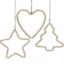 Deco hängare jul träpärlor hjärta stjärnträd H16cm 3st