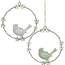 Krans med fågel, metalldekor för upphängning, vårvit/grön Ø14,5cm set om 2