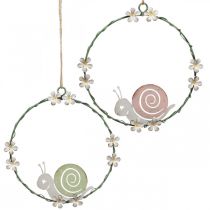 Dekorativ ring med snigel, vårdekor, metalldekor grön/rosa Ø14,5cm set om 2