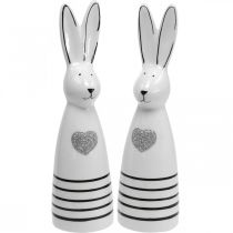 Kaninkeramik svart och vitt, påskhare dekoration par kaniner med hjärta H20.5cm 2st