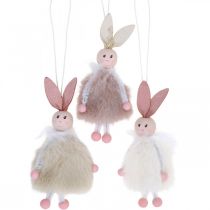 Kaniner, påskdekorationer, vårhängen, påskharar att hänga beige, rosa, vit H12,5cm 3st