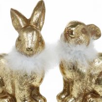 Guld kanin sittande guldfärgad terrakotta med fjädrar H20cm 2st