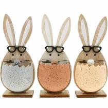 Artikel Träkanin i ett ägg, vårdekoration, kaniner med glasögon, påskharar 3st