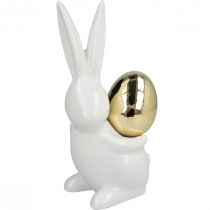 Påskharar eleganta, keramiska kaniner med guldägg, påskdekoration vit, gyllene H18cm 2st
