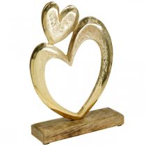 Metallhjärta gyllene, dekorativt hjärta på mangoträ, bordsdekoration, dubbelhjärta, Alla hjärtans dag