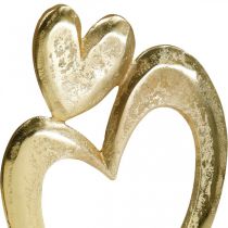 Metallhjärta gyllene, dekorativt hjärta på mangoträ, bordsdekoration, dubbelhjärta, Alla hjärtans dag