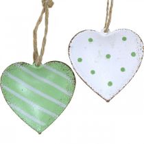 Metallhjärtan för upphängning, alla hjärtans dag, vårdekoration, hjärthänge grön, vit H3,5cm 10st