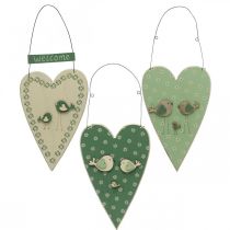 Hjärta att hänga, trädekoration med fåglar, dörrdekoration, vårgrön, gul H22cm set om 3