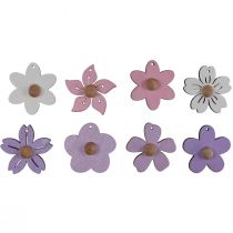 Artikel Träblommor hängande dekoration trä lila, rosa, vit 4,5cm 24 st