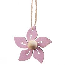 Artikel Träblommor hängande dekoration trä lila, rosa, vit 4,5cm 24 st