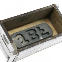 Artikel Tegelform, tegellåda, trälåda med metallbeslag antik finish, vittvättad L32cm H9cm