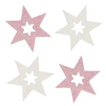 Trästjärna 3,5 cm rosa / vit med glitter 72st