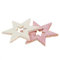 Trästjärna 3,5 cm rosa / vit med glitter 72st
