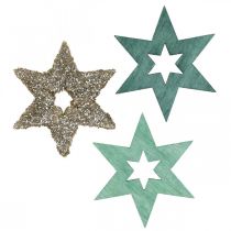 Artikel Strödekoration trästjärna grön, glitter julstjärna mix 4cm 72 st