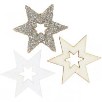 Artikel Scattered wood star natural, glitter, white 4cm diverse 72st