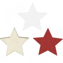 Artikel Scatter dekoration trästjärnor natur, röd, vit 3cm mix 72 st