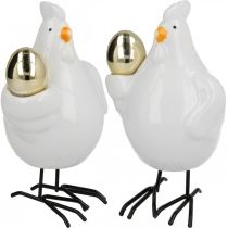 Dekorativ kyckling med guldägg, påskfigur porslin, påskdekoration höna H12cm 2st