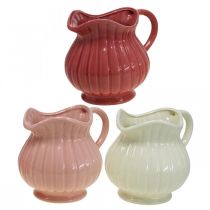 Dekorativ vas, kanna med handtag keramik vit, rosa, röd H14,5cm 3st