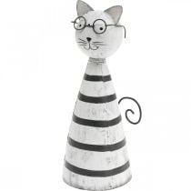 Katt med glasögon, dekorativ figur att placera, kattfigur metall svart och vit H16cm Ø7cm