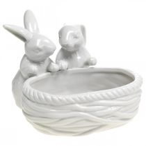 Artikel Kaniner med bo, bordsdekoration, påskbo, porslinsdekoration, dekorativ skål vit L15cm H11cm