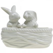 Artikel Kaniner med bo, bordsdekoration, påskbo, porslinsdekoration, dekorativ skål vit L15cm H11cm