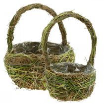 Växtkorg med handtag fjäderkorg grön 14×25/18×28cm set om 2
