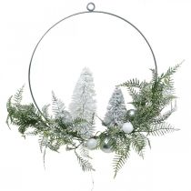 Upplyst krans med granar och kulor, advent, vinterdekoration att hänga, LED dekorationsring silver B45cm Ø30cm