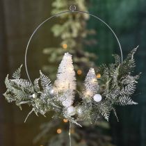 Upplyst krans med granar och kulor, advent, vinterdekoration att hänga, LED dekorationsring silver B45cm Ø30cm