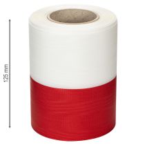 Artikel Vitt och rött moiréband med krans, 125 mm - sorgband, dekorationsband, rosettband, festband, 25 m rulle