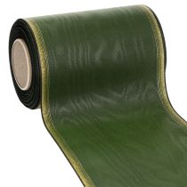 Artikel Moiré-kransband, 150 mm, mörkgrönt med guldfärgad pärlkant, taftvävd, 25 m rulle för dekoration och design