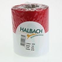 Artikel Vitt och rött moiréband med krans, 125 mm - sorgband, dekorationsband, rosettband, festband, 25 m rulle