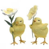 Glad påsk kycklingar, kycklingar med blommor, påskbordsdekorationer, dekorativa kycklingar H11/11,5 cm, set om 2