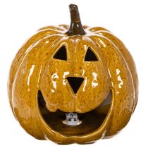 Artikel Keramisk pumpa med ansikte, LED-dekoration, Halloween, 19 cm