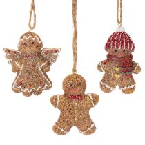 Artikel Dekorativa hängande ornament, konstgjorda pepparkaksfigurer, 7 cm, 3 stycken