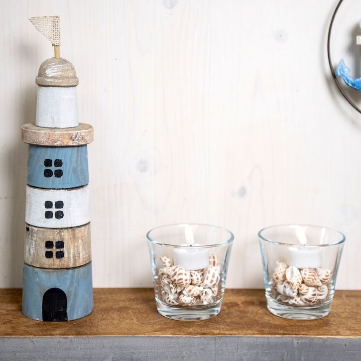Träfyr Maritim Trä Deco Blå Vit H30,5cm