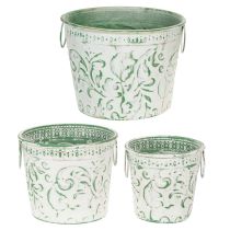 Artikel Metallkrukor med handtag, krukor med prägling, vita, gröna, shabby chic, H20,5/18,5/16cm, Ø25,5/20,5/15,5cm, set om 3
