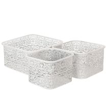 Artikel Metallskålar med spetsmönster, dekorativ behållare, fyrkantig, shabby chic, vit, 27/23/19 cm, H13,5 cm, set om 3