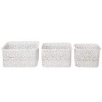Artikel Metallskålar med spetsmönster, dekorativ behållare, fyrkantig, shabby chic, vit, 27/23/19 cm, H13,5 cm, set om 3