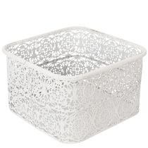 Artikel Metallskålar med spetsmönster, dekorativ behållare, fyrkantig, shabby chic, vit, 27/23/19 cm, H13,5 cm, set om 3