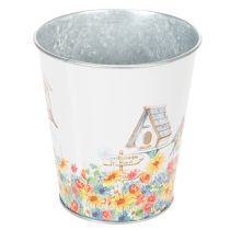 Artikel Metallkruka med motiv, planteringslåda med fågelholkar, plåthink H13cm Ø11,5cm