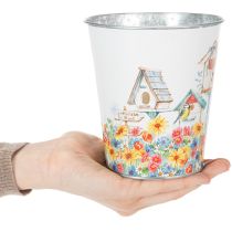 Artikel Metallkruka med motiv, planteringslåda med fågelholkar, plåthink H13cm Ø11,5cm
