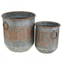 Dekorativ skål med handtag, växtkruka, metallkärl silver, kopparfärgad antik look H31 / 24,5 cm Ø29,5 / 22 cm set om 2