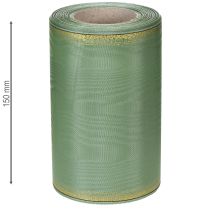 Artikel Moiré kransband salviagrönt med guldkant, 150mm x 25m, dekorativt band för blomsterdekorationer och kransar