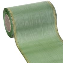 Artikel Moiré kransband salviagrönt med guldkant, 150mm x 25m, dekorativt band för blomsterdekorationer och kransar