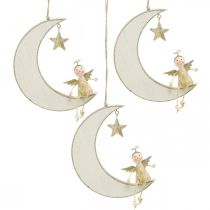 Adventsdekoration, ängel på månen, trädekoration för att hänga vitt, gyllene H14,5cm B21,5cm 3st