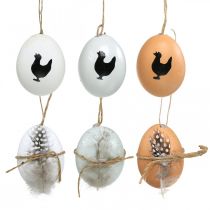Påskdekorationer, kycklingägg att hänga, dekorativa ägg fjäder och kyckling, brun, blå, vit set om 6